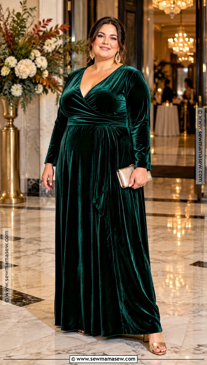 Plus Size Emerald Velvet Maxi Dress Fall Wedding Guest Outfit - 20 fall wedding outfit guest ideas for plus size