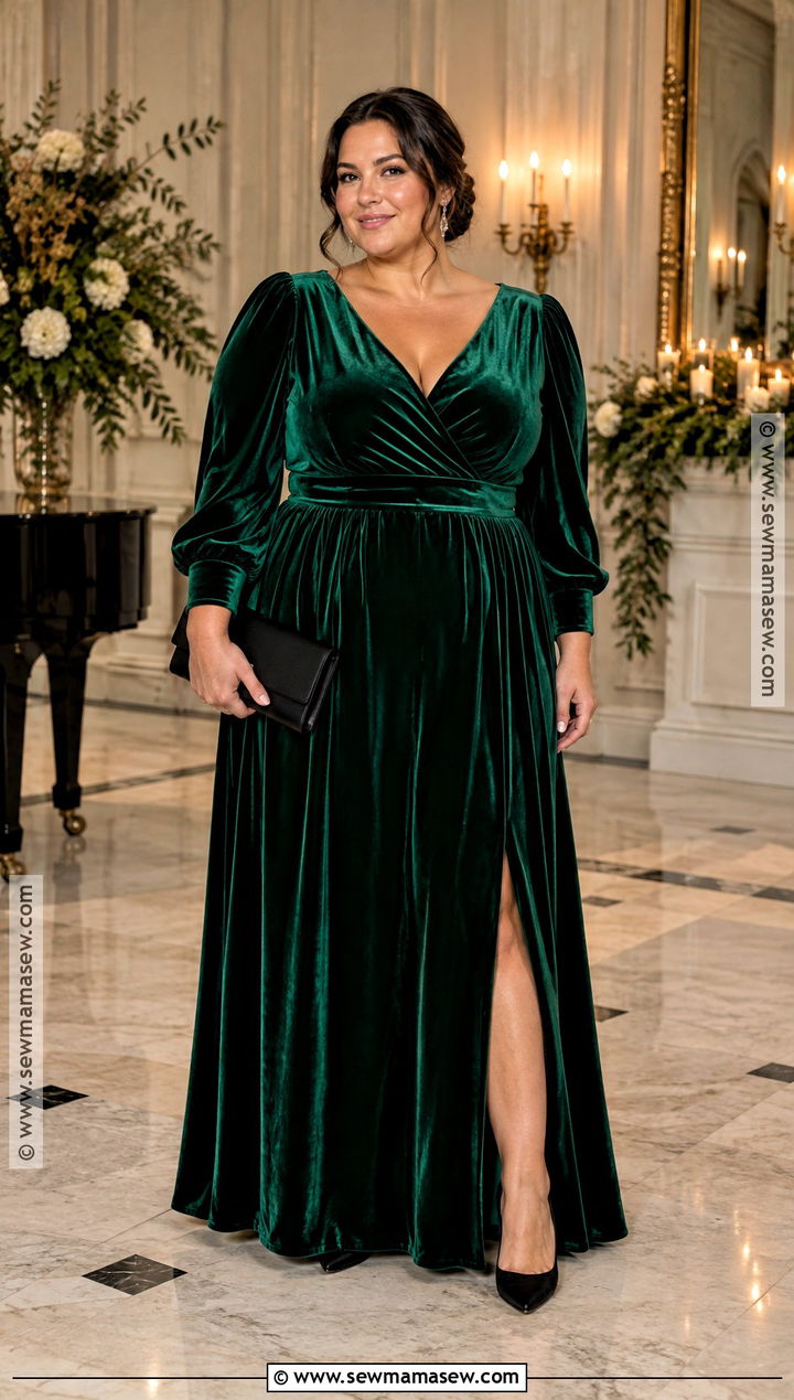 Plus Size Emerald Velvet Maxi Dress Outfit - 20 plus size fall wedding guest outfit ideas