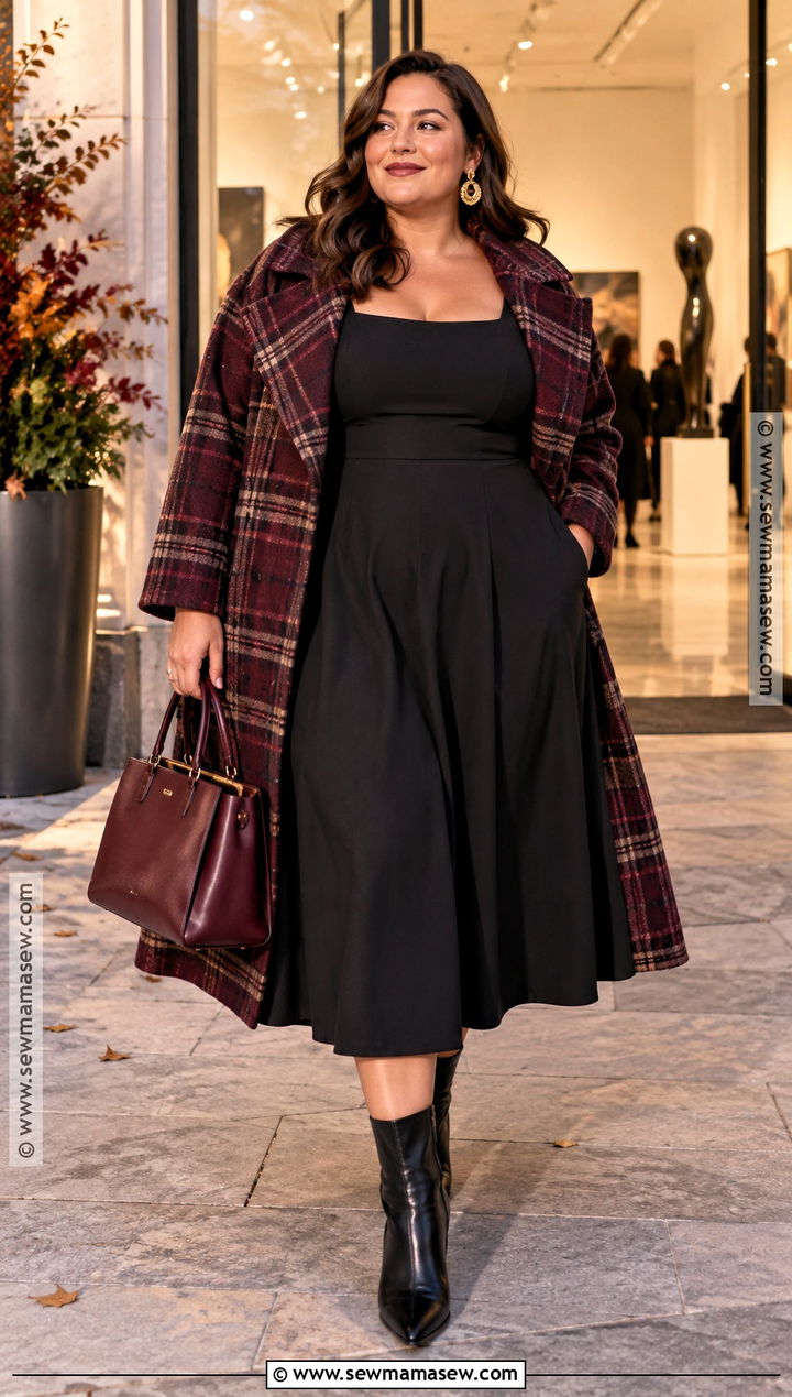Plus Size Fall Black Dress And Statement Coat Outfit - 15 fall date night outfit ideas for plus size