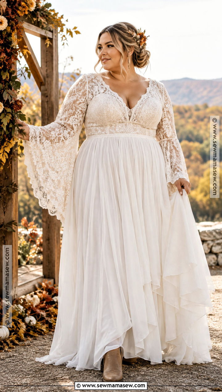 Plus Size Fall Boho Wedding Dress With Bell Sleeves - 15 fall boho wedding dress ideas for plus size