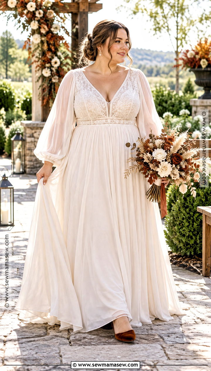 Plus Size Fall Boho Wedding Dress With Bishop Sleeves - 15 fall boho wedding dress ideas for plus size