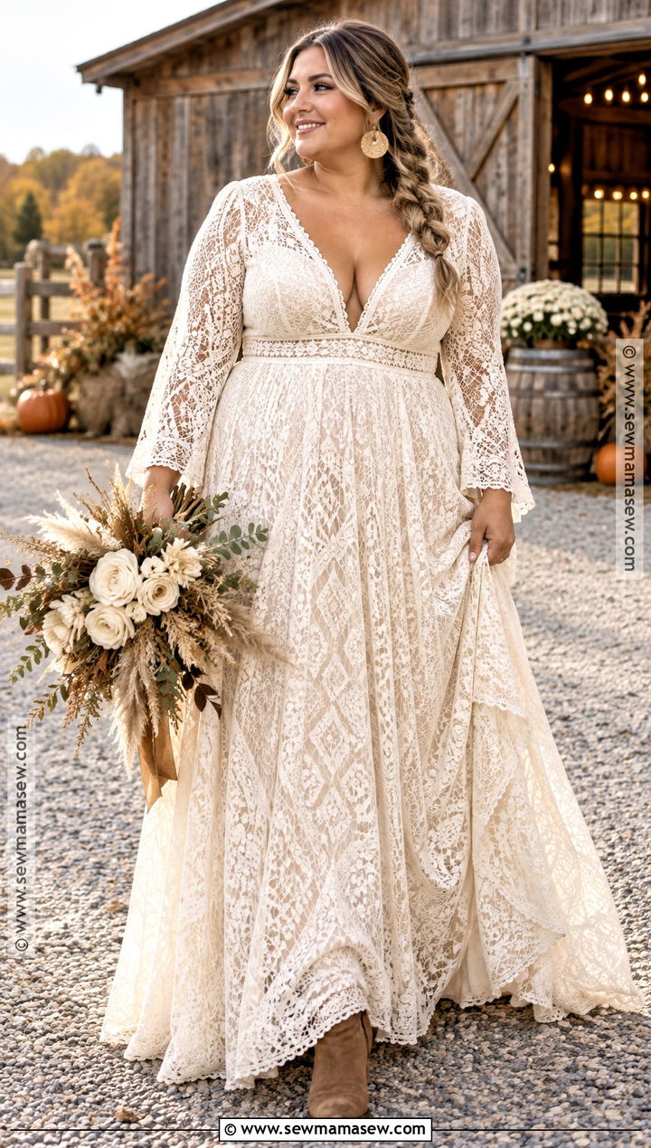 Plus Size Fall Boho Wedding Dress With Crochet Lace - 15 fall boho wedding dress ideas for plus size