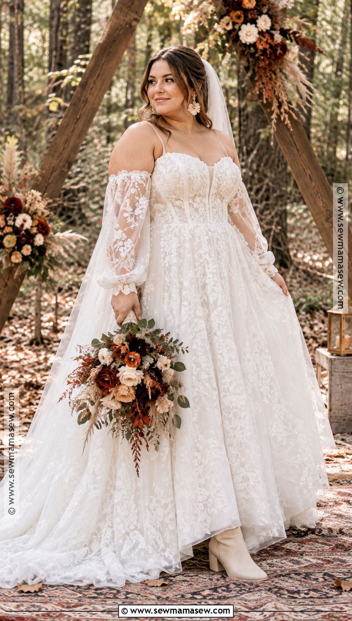 Plus Size Fall Boho Wedding Dress With Detachable Sleeves - 15 fall boho wedding dress ideas for plus size