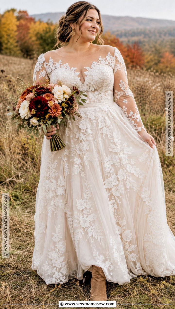 Plus Size Fall Boho Wedding Dress With Floral Lace - 15 fall boho wedding dress ideas for plus size