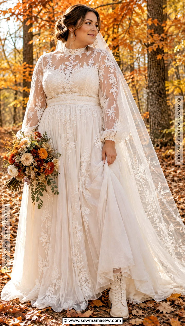 Plus Size Fall Boho Wedding Dress With High Neck Lace - 15 fall boho wedding dress ideas for plus size