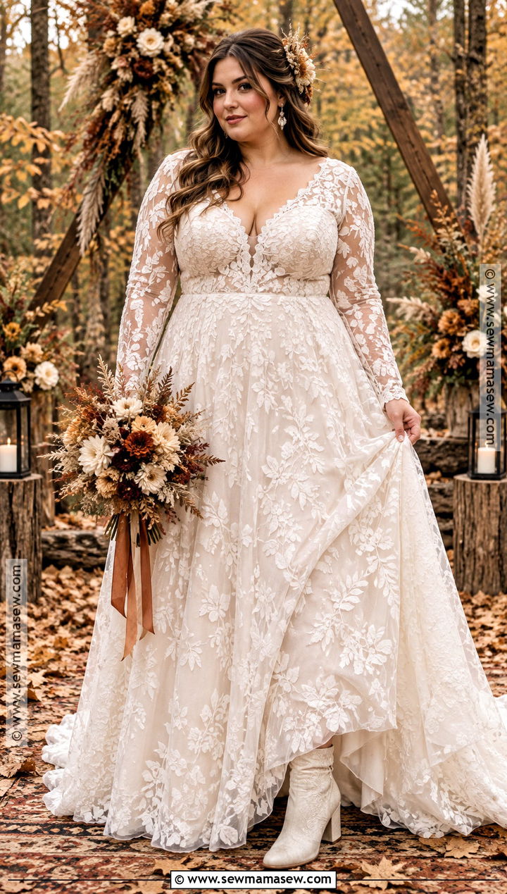 Plus Size Fall Boho Wedding Dress With Long Lace Sleeves - 15 fall boho wedding dress ideas for plus size