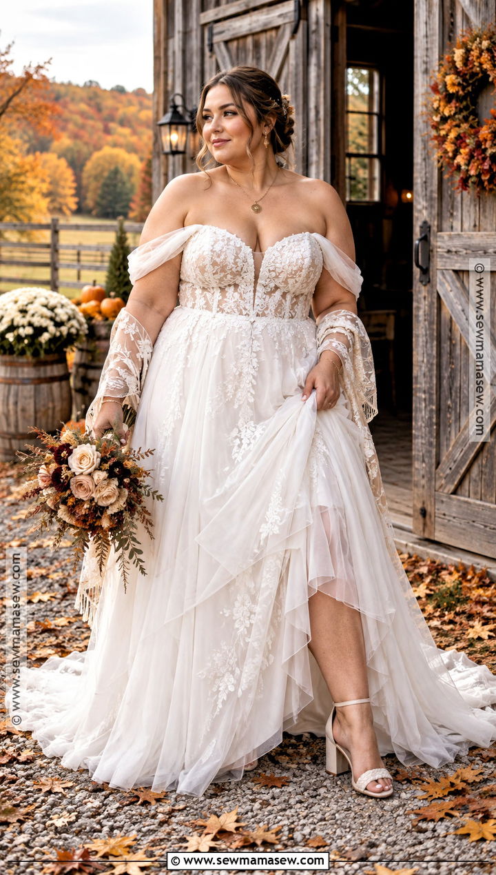 Plus Size Fall Boho Wedding Dress With Off Shoulder Sleeves - 15 fall boho wedding dress ideas for plus size