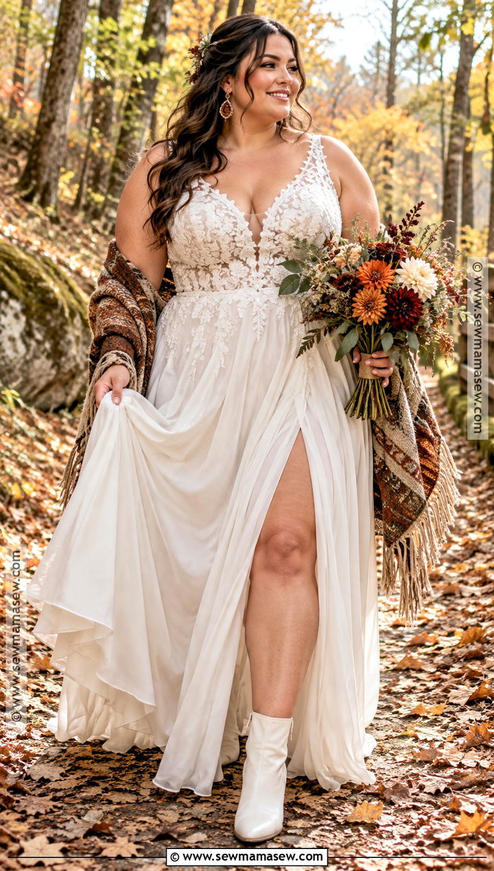 Plus Size Fall Boho Wedding Dress With Side Slit - 15 fall boho wedding dress ideas for plus size