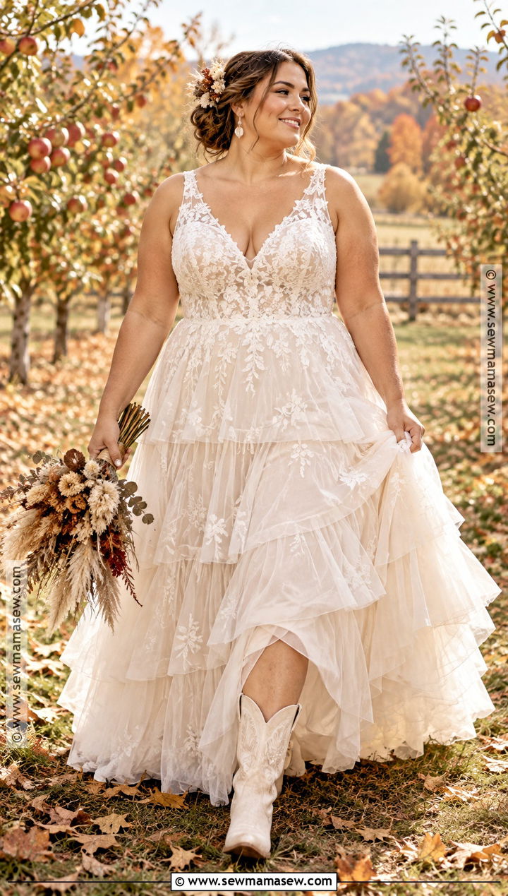 Plus Size Fall Boho Wedding Dress With Tiered Skirt - 15 fall boho wedding dress ideas for plus size
