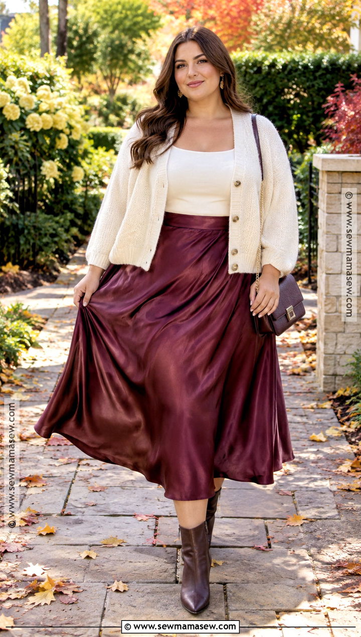 Plus Size Fall Cardigan And Satin Skirt Outfit - 15 plus size fall outfit photoshoot ideas