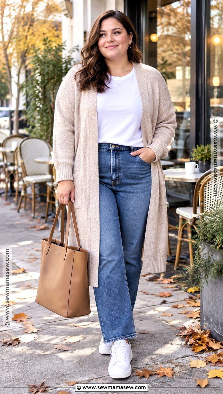 Plus Size Fall Cardigan And Straight Leg Jeans Outfit - 15 fall capsule wardrobe 2026 casual ideas for plus size