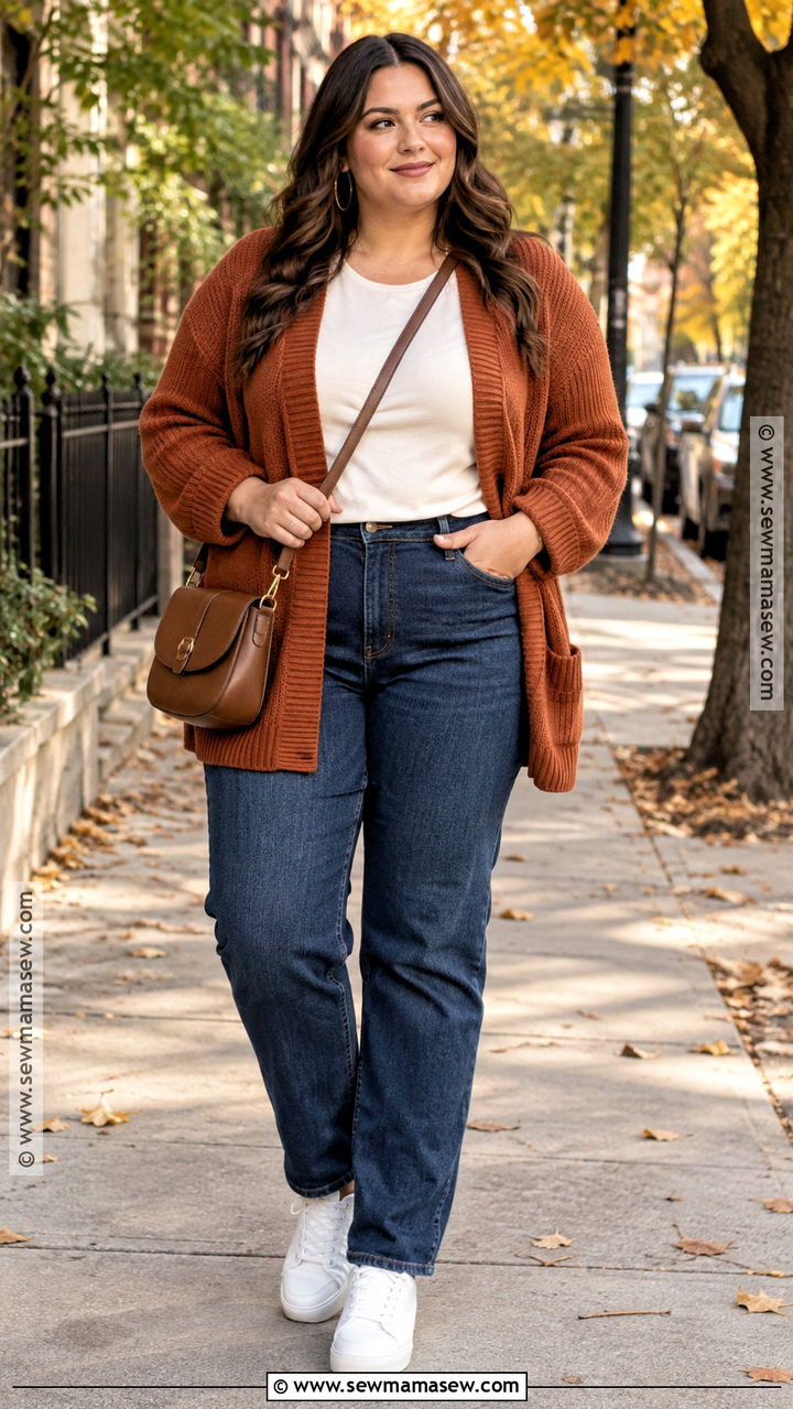 Plus Size Fall Cardigan With Straight Leg Jeans And Sneakers - 20 Fall Outfit Plus Size Casual Ideas