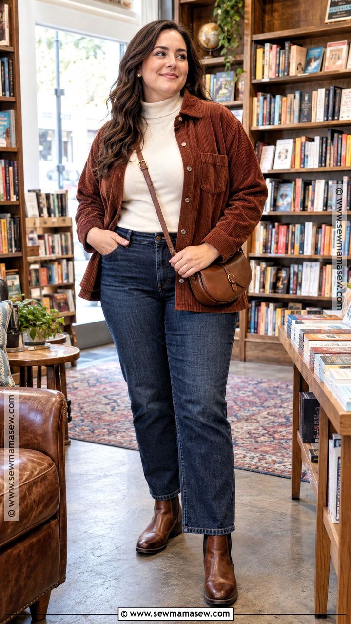 Plus Size Fall Corduroy Shirt With Turtleneck And Jeans - 20 Fall Outfit Plus Size Casual Ideas