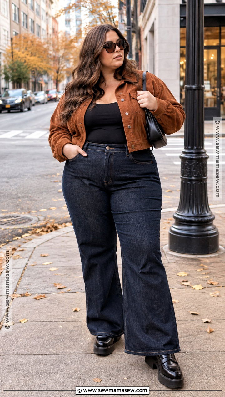 Plus Size Fall Cropped Jacket and Flare Pants Outfit - 15 Fall Street Style Ideas for Plus Size