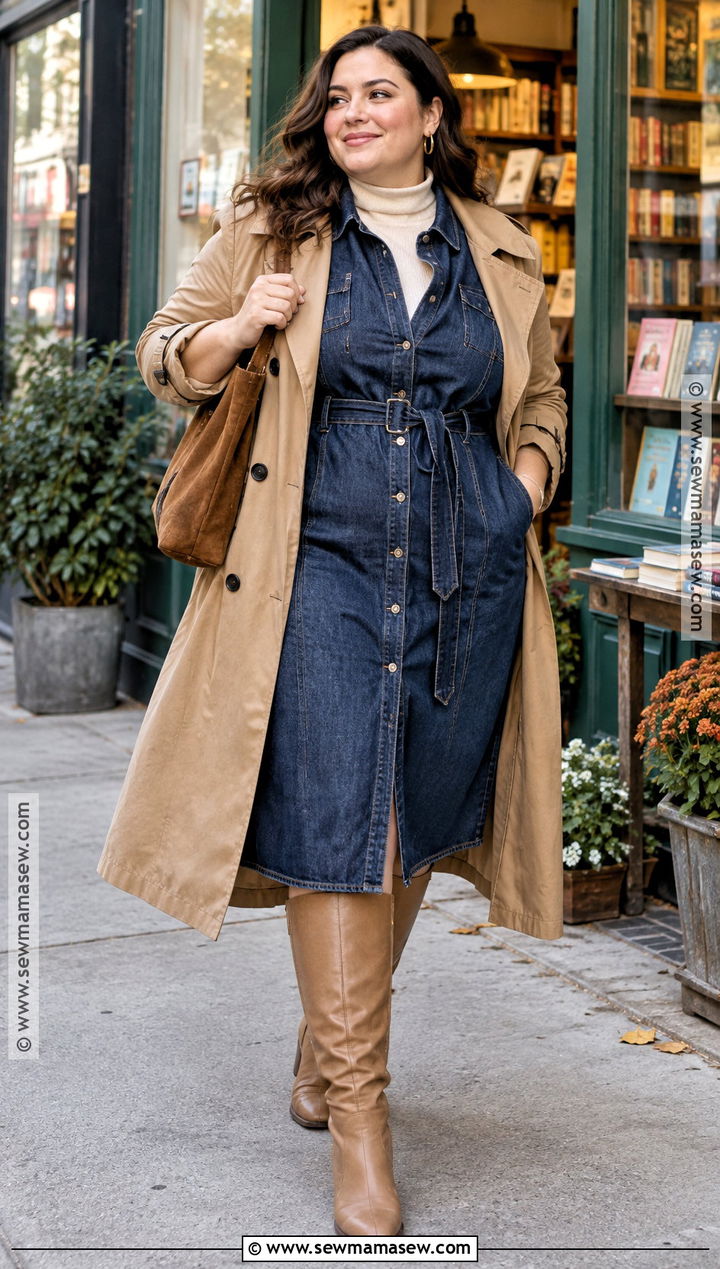 Plus Size Fall Denim Dress And Tall Boots Outfit - 15 fall date night outfit ideas for plus size