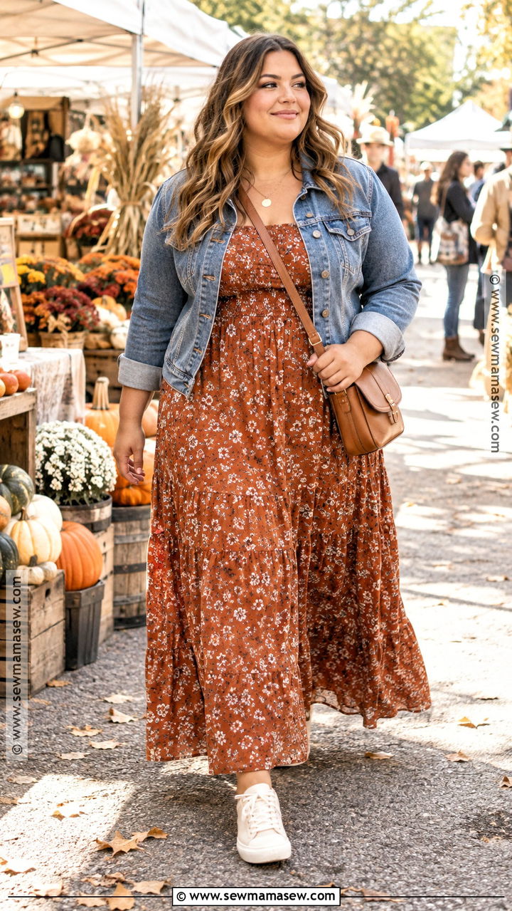Plus Size Fall Denim Jacket With Maxi Dress And Sneakers - 20 Fall Outfit Plus Size Casual Ideas