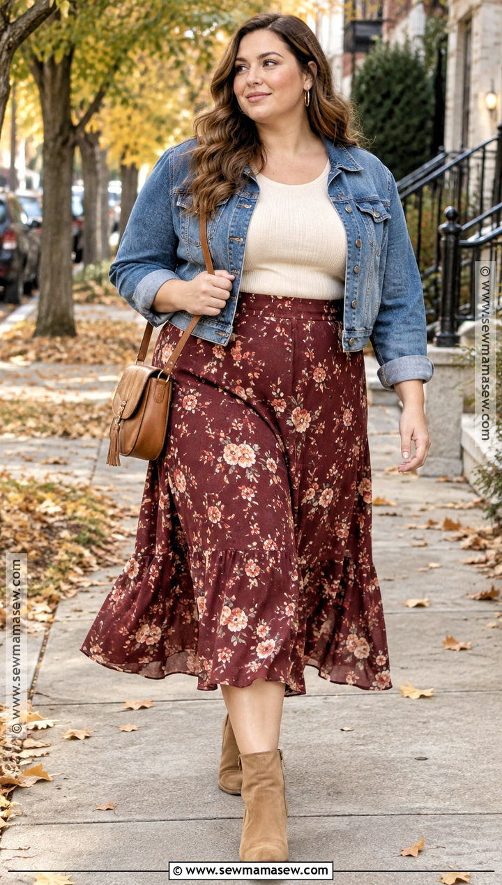 Plus Size Fall Denim Jacket With Midi Skirt And Boots - 15 fall style ideas for plus size