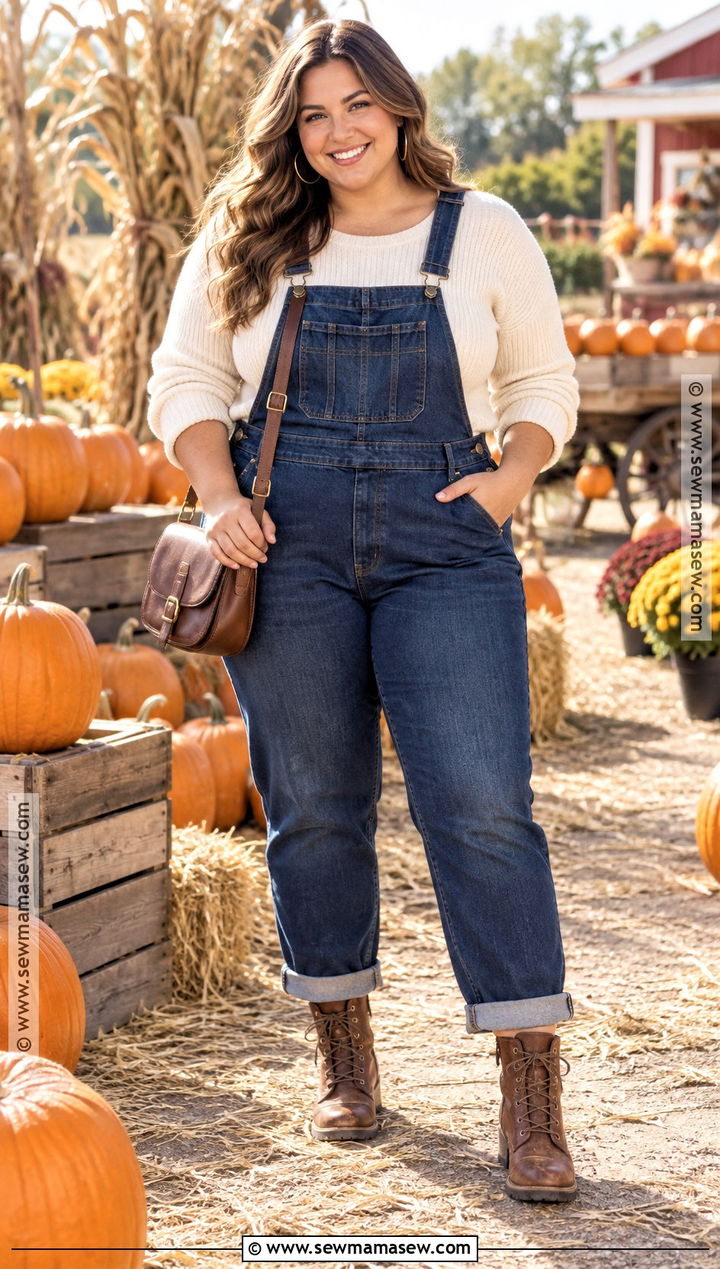 Plus Size Fall Denim Overalls And Cream Sweater Outfit - 15 plus size fall outfit photoshoot ideas