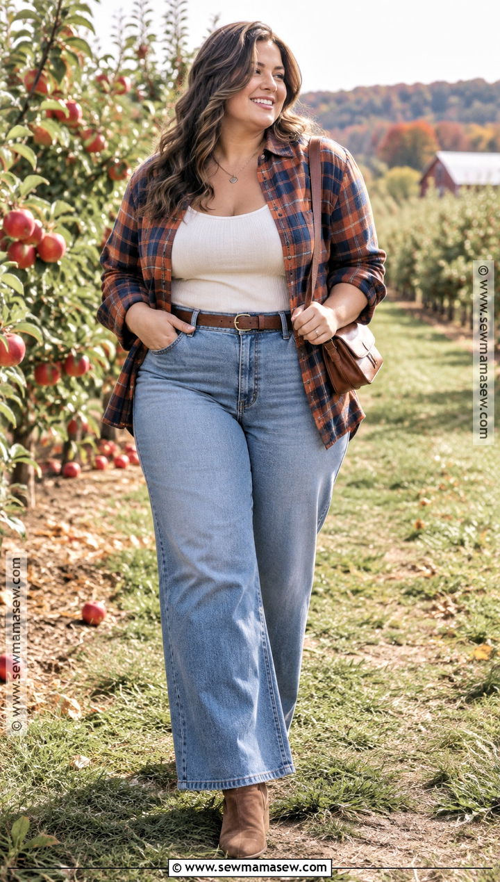 Plus Size Fall Flannel And Wide Leg Jeans Outfit - 15 plus size fall outfit photoshoot ideas