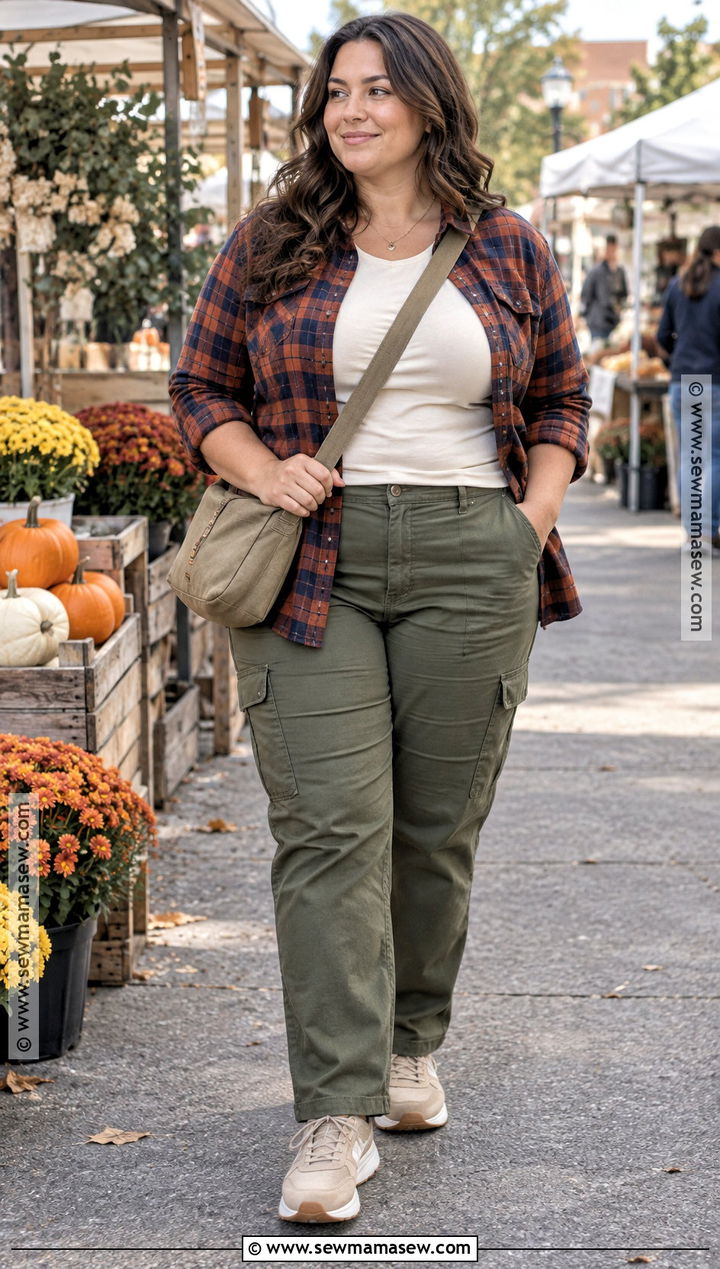 Plus Size Fall Flannel Shirt And Cargo Pants Outfit - 15 fall capsule wardrobe 2026 casual ideas for plus size