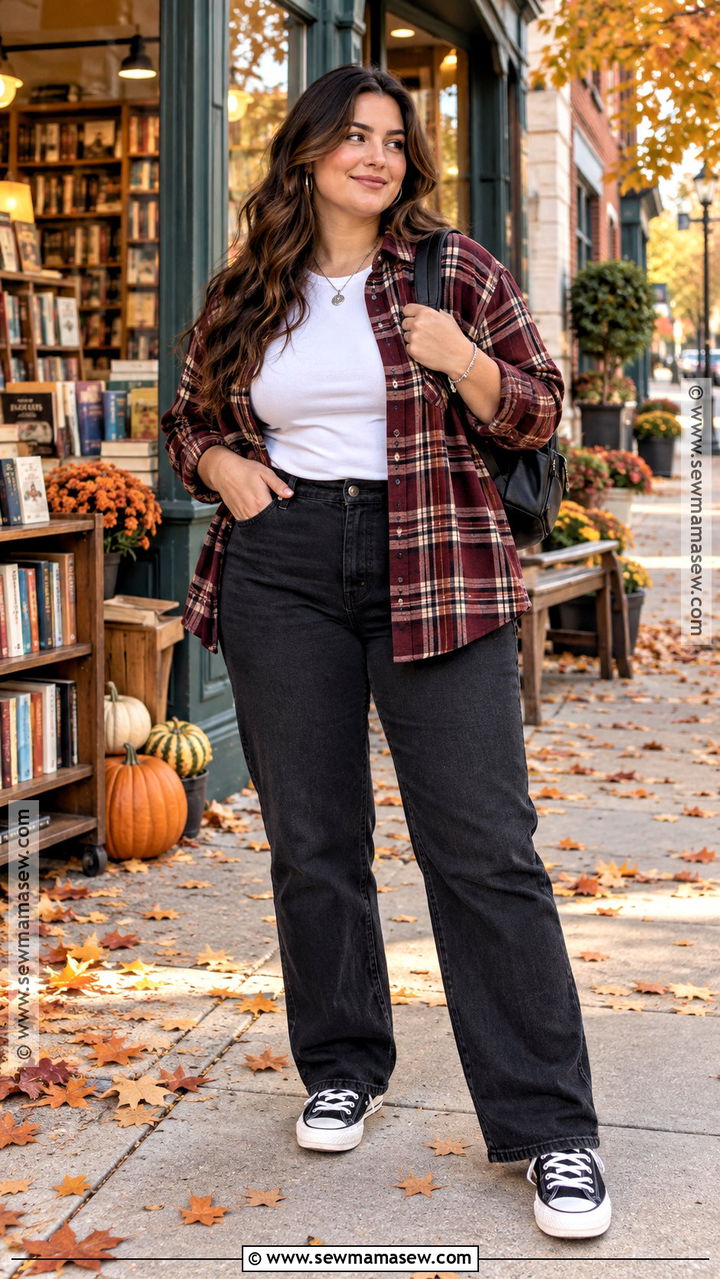 Plus Size Fall Flannel Shirt With Black Jeans And Sneakers - 20 Fall Outfit Plus Size Casual Ideas