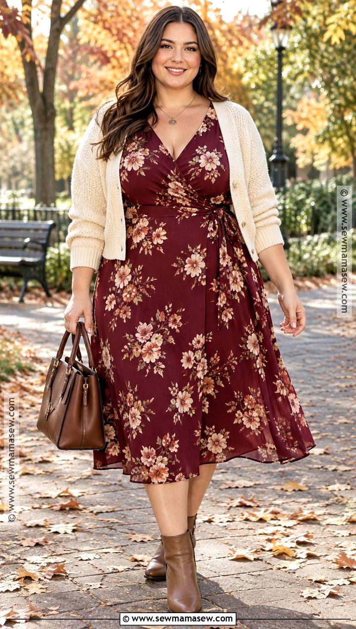Plus Size Fall Floral Dress With Cropped Cardigan - 15 Fall Flower Dress Outfit Ideas