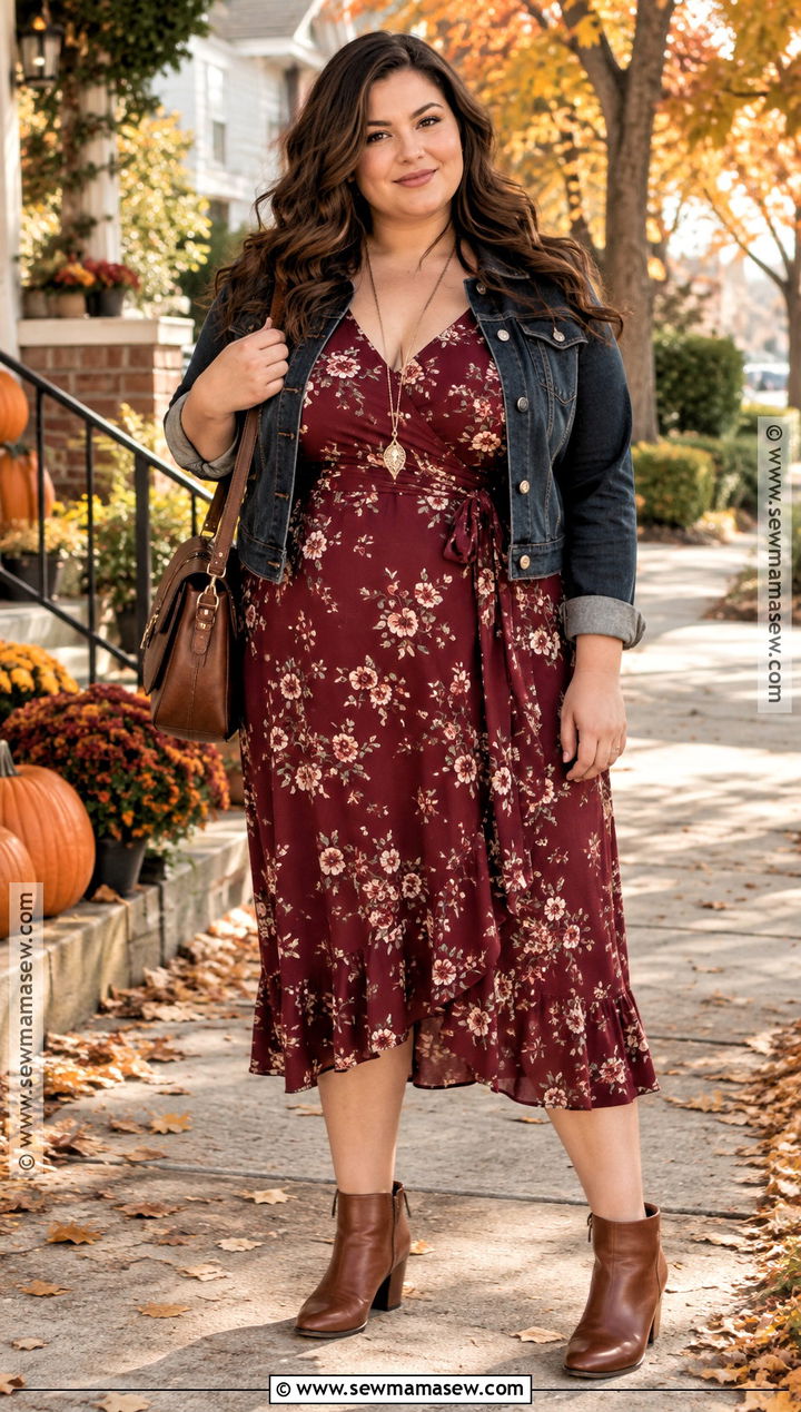 Plus Size Fall Floral Dress With Denim Jacket And Boots - 20 fall floral dress ideas