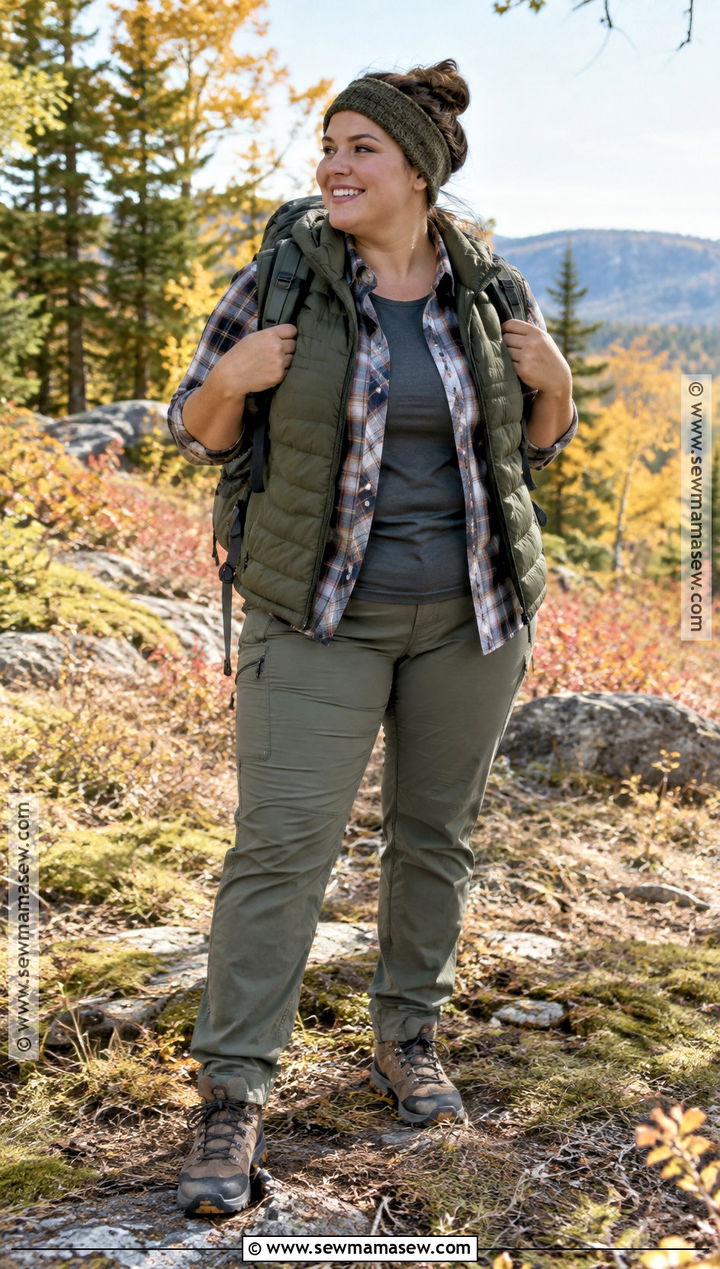 Plus Size Fall Hiking Outfit With Flannel and Puffer Vest - 15 plus size hiking outfit fall ideas