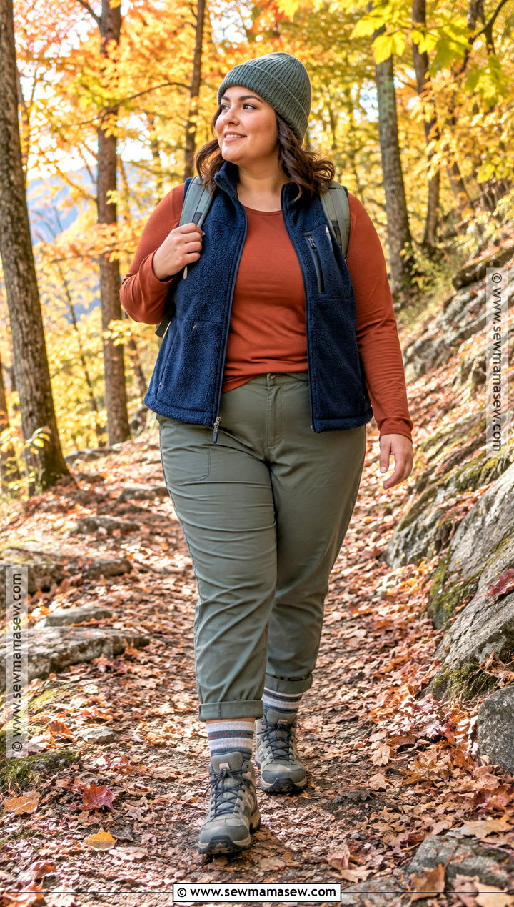 Plus Size Fall Hiking Outfit With Fleece Vest And Joggers - 15 fall hiking outfits for women for plus size