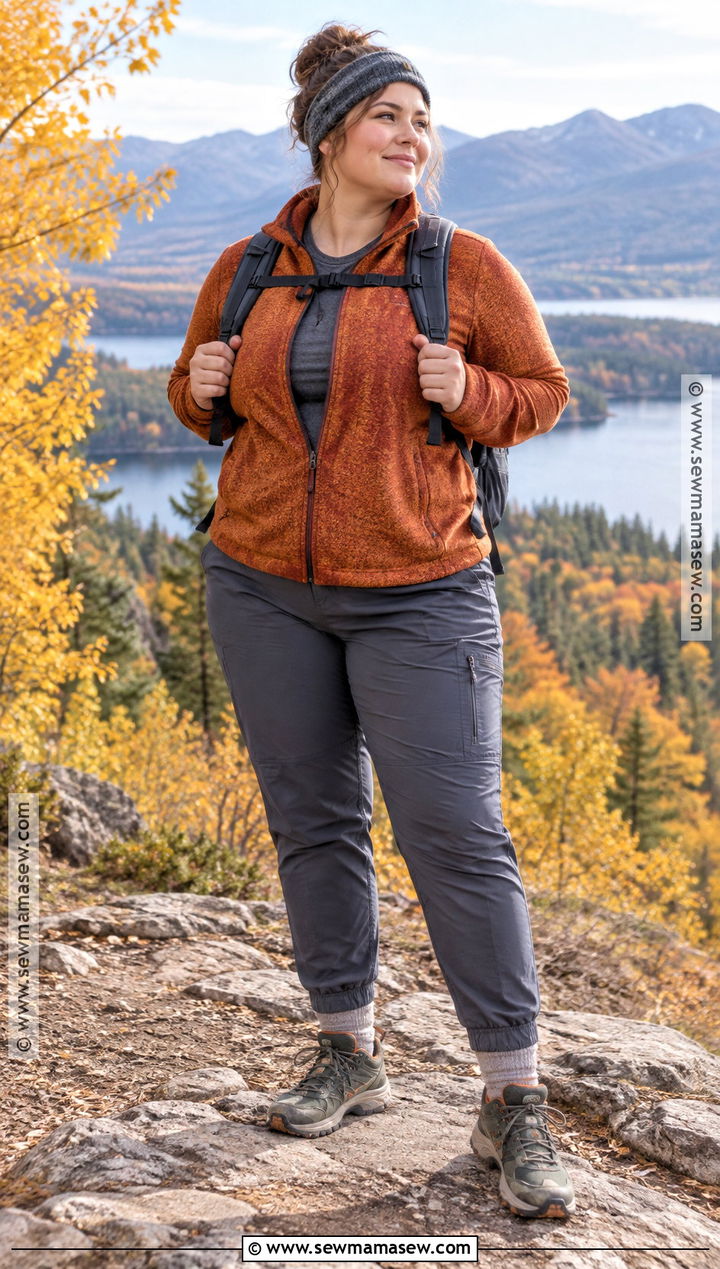 Plus Size Fall Hiking Outfit With Grid Fleece and Hiking Joggers - 15 plus size hiking outfit fall ideas
