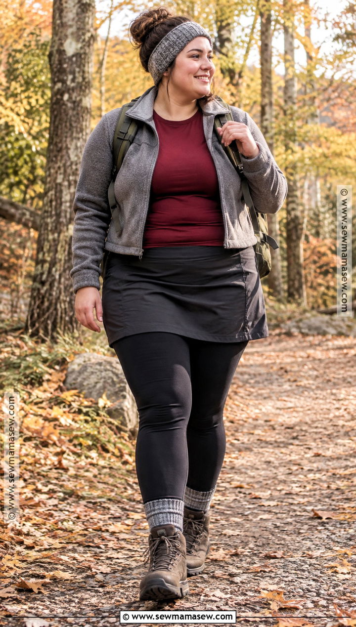 Plus Size Fall Hiking Outfit With Hiking Skirt and Wool Leggings - 15 plus size hiking outfit fall ideas