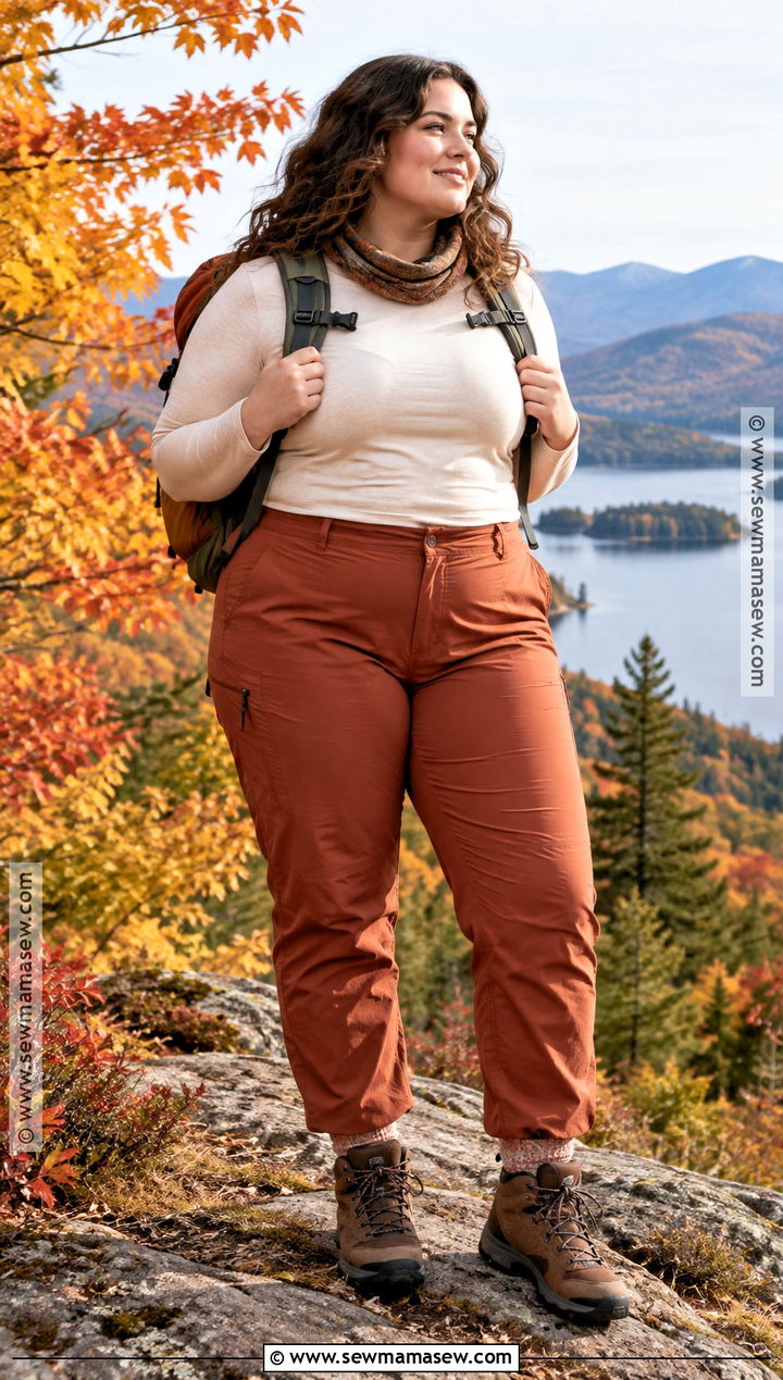 Plus Size Fall Hiking Outfit With Merino Top and Hiking Trousers - 15 plus size hiking outfit fall ideas