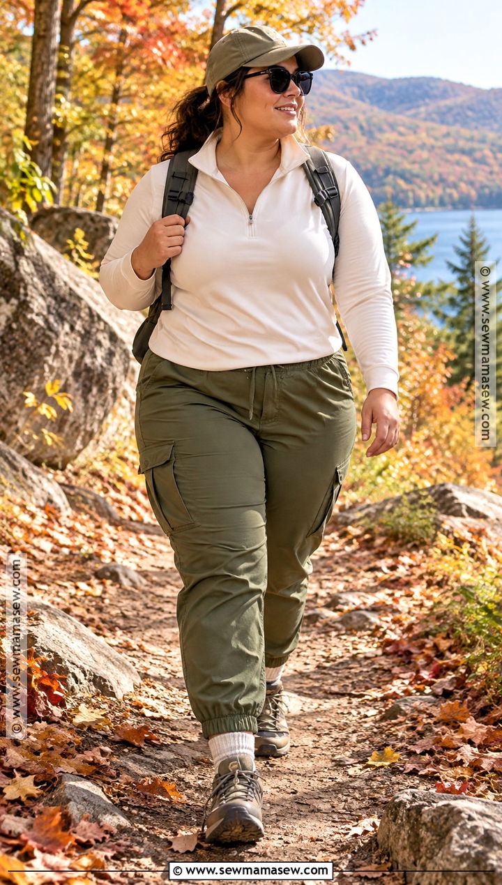 Plus Size Fall Hiking Outfit With Quarter Zip and Cargo Joggers - 15 plus size hiking outfit fall ideas