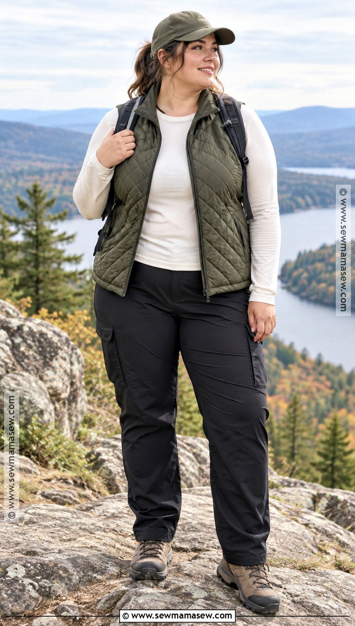 Plus Size Fall Hiking Outfit With Quilted Vest And Cargo Pants - 15 fall hiking outfits for women for plus size