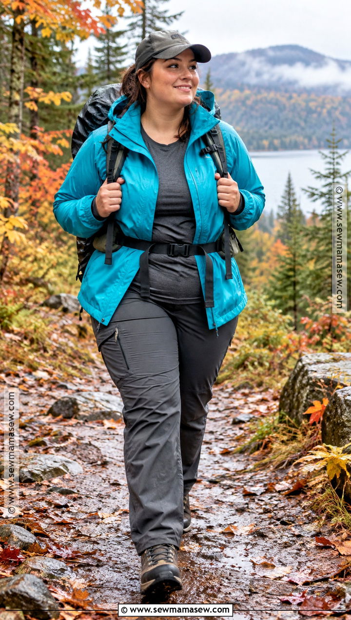Plus Size Fall Hiking Outfit With Rain Jacket and Hiking Pants - 15 plus size hiking outfit fall ideas