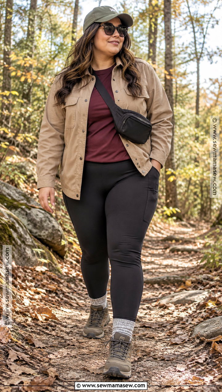 Plus Size Fall Hiking Outfit With Shacket And Trail Tights - 15 fall hiking outfits for women for plus size