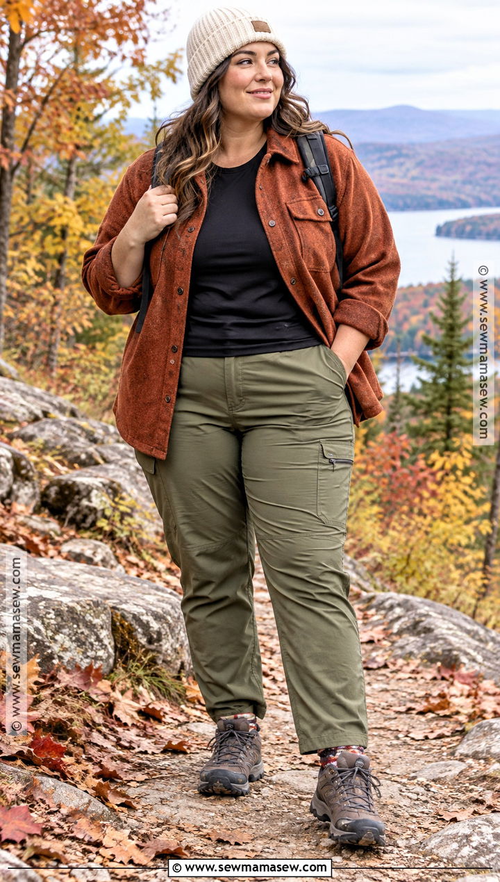 Plus Size Fall Hiking Outfit With Shacket and Trail Pants - 15 plus size hiking outfit fall ideas