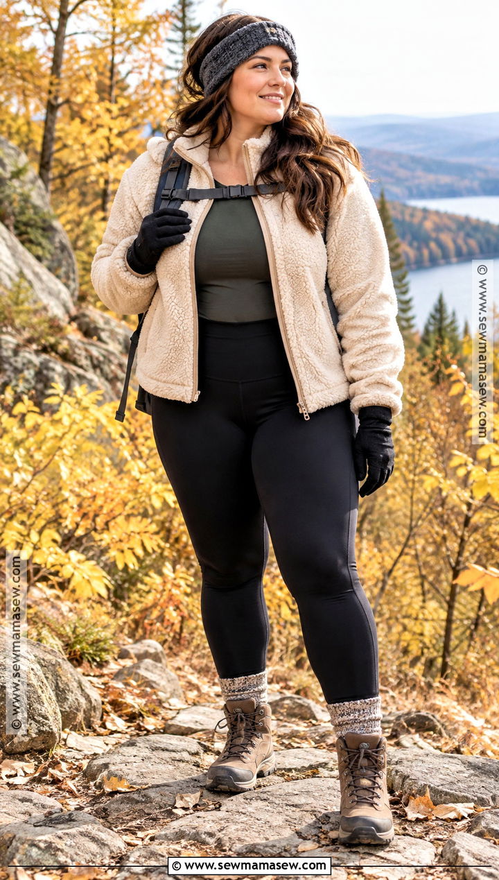 Plus Size Fall Hiking Outfit With Sherpa Fleece And Black Leggings - 15 fall hiking outfits for women for plus size