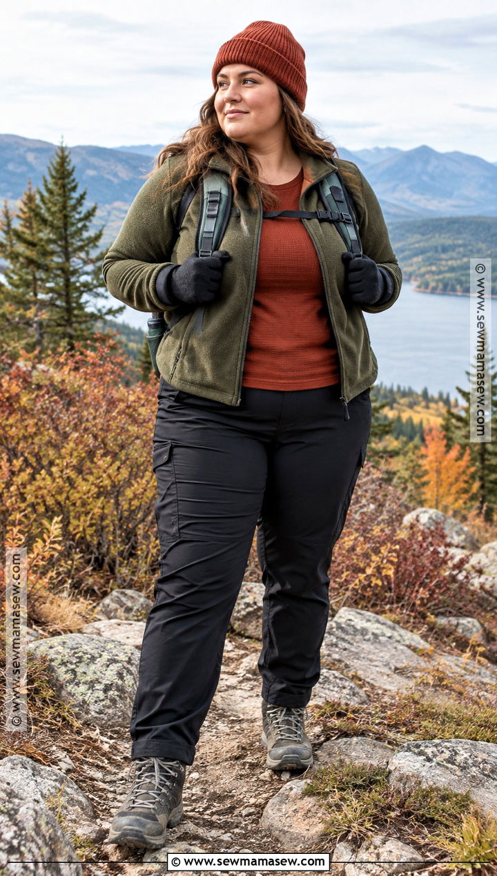Plus Size Fall Hiking Outfit With Thermal Top and Softshell Pants - 15 plus size hiking outfit fall ideas