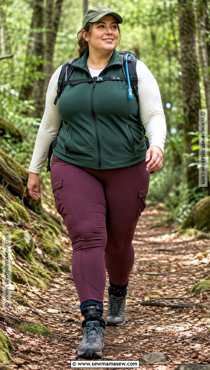 Plus Size Fall Hiking Outfit With Vest and Cargo Leggings - 15 plus size hiking outfit fall ideas