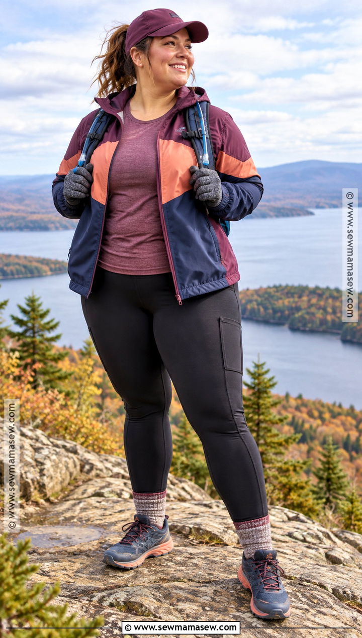 Plus Size Fall Hiking Outfit With Windbreaker And Trail Leggings - 15 fall hiking outfits for women for plus size
