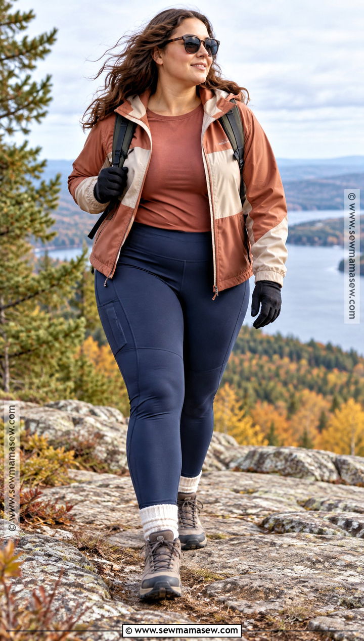 Plus Size Fall Hiking Outfit With Windbreaker and Trail Leggings - 15 plus size hiking outfit fall ideas