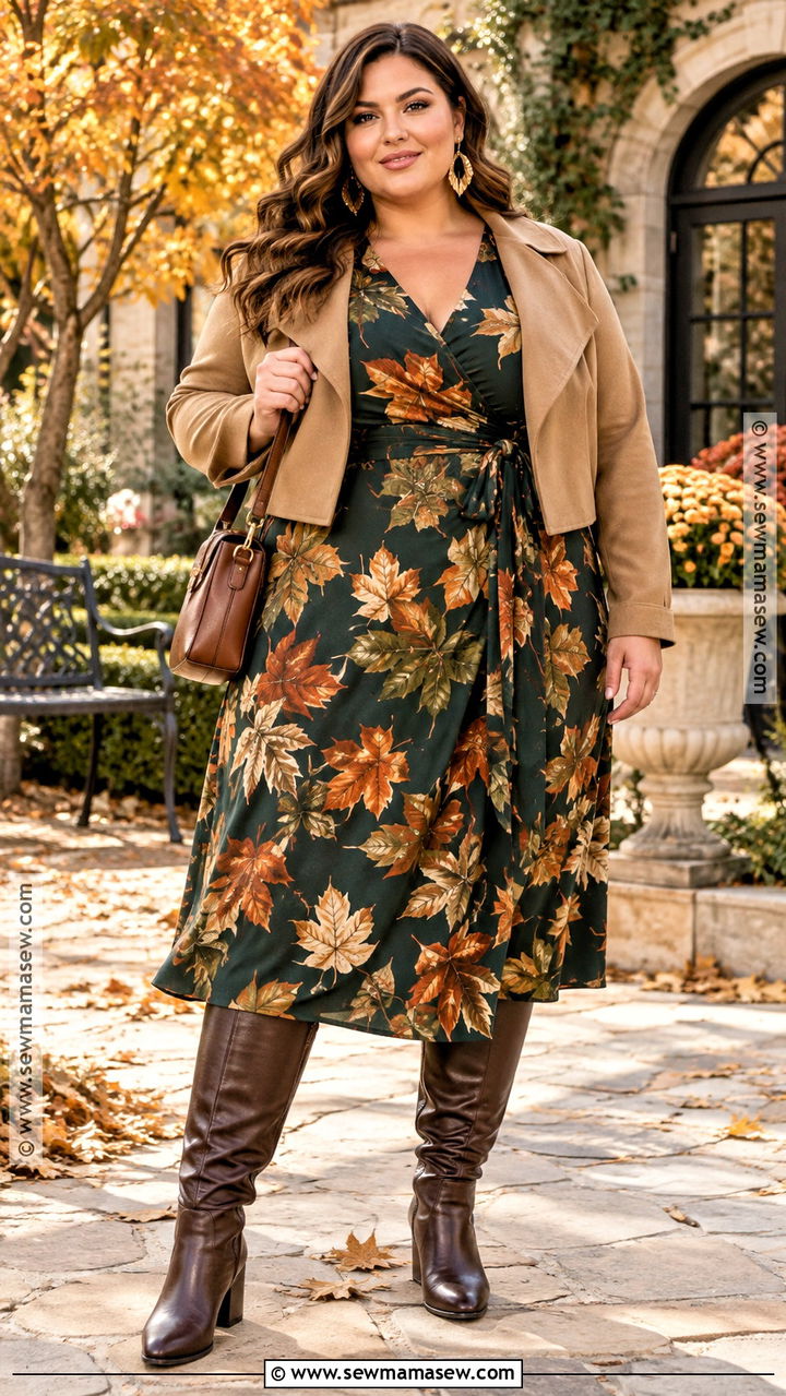 Plus Size Fall Leaves Wrap Dress With Boots - 20 fall leaves dress ideas