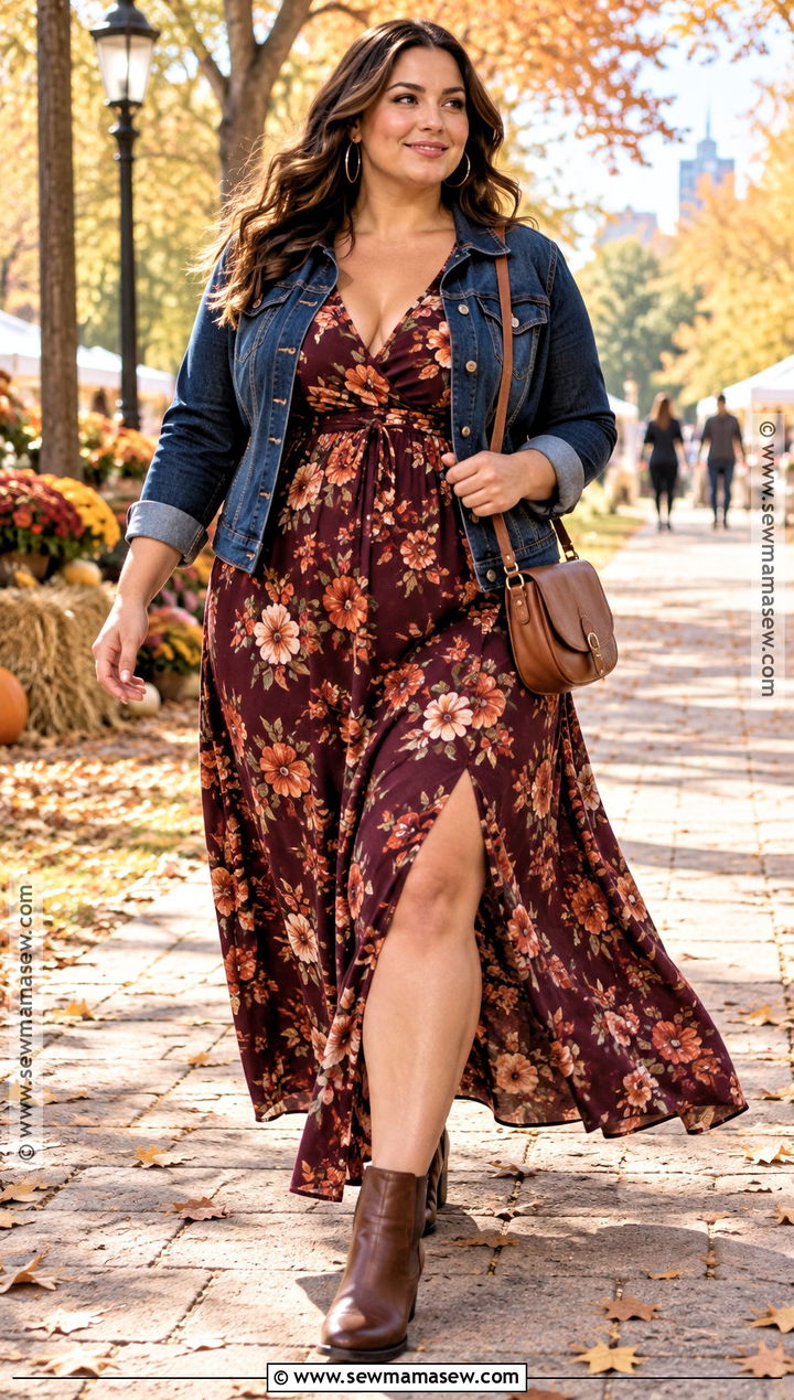 Plus Size Fall Maxi Dress And Denim Jacket Outfit - 15 fall date night outfit ideas for plus size