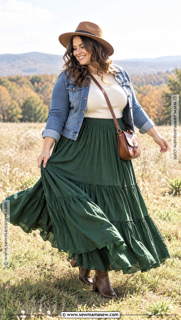 Plus Size Fall Maxi Skirt And Denim Jacket Outfit - 15 plus size fall outfit photoshoot ideas