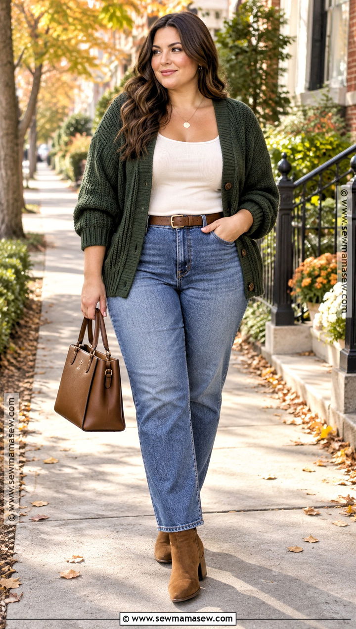 Plus Size Fall Outfit With A Cardigan And Straight Jeans - 25 fall outfits for plus size