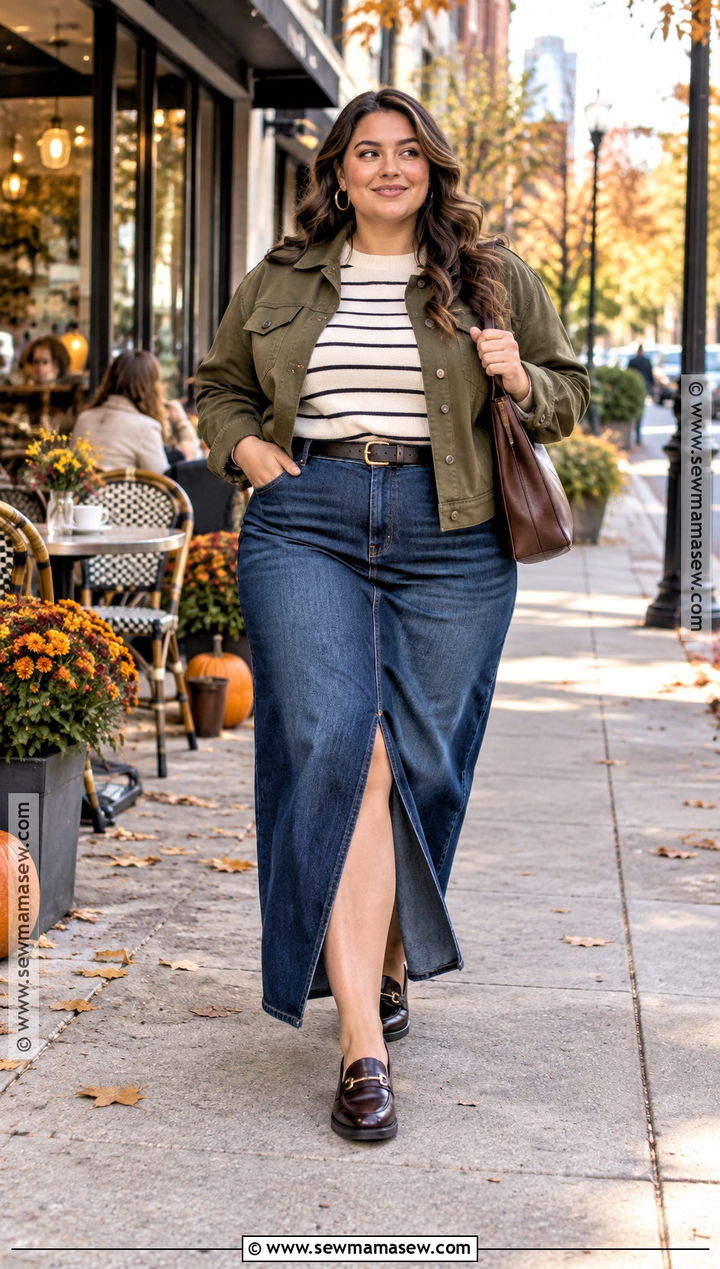 Plus Size Fall Outfit With A Denim Maxi Skirt - 25 fall outfits for plus size
