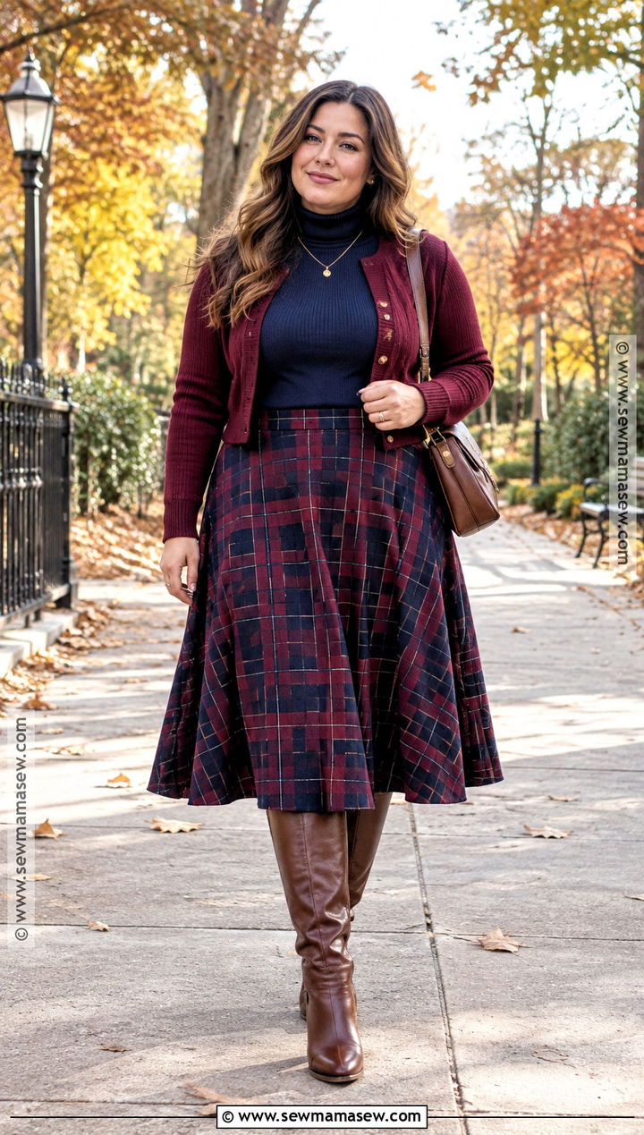 Plus Size Fall Outfit With A Plaid Midi Skirt - 25 fall outfits for plus size