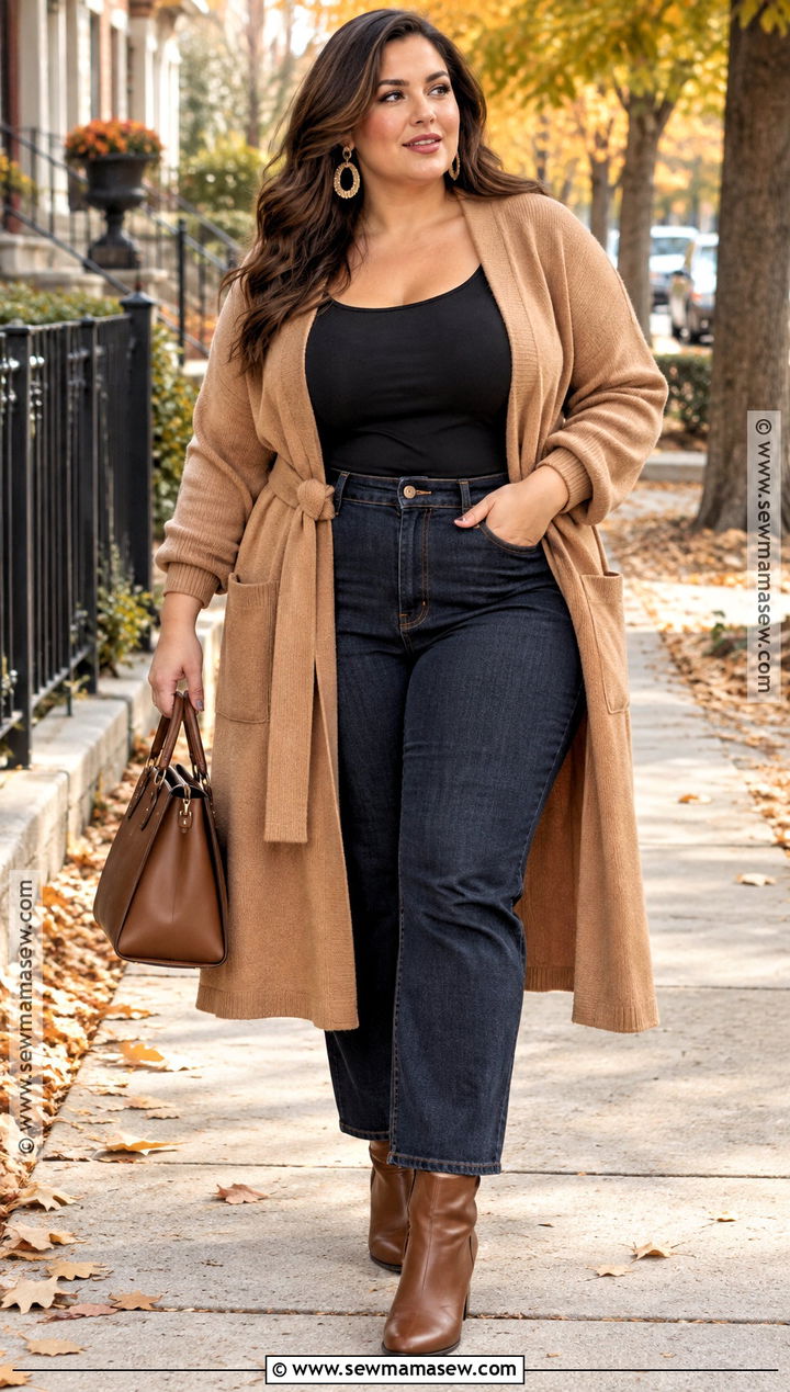 Plus Size Fall Outfit With a Belted Cardigan - 25 fall outfit inspo aesthetic ideas
