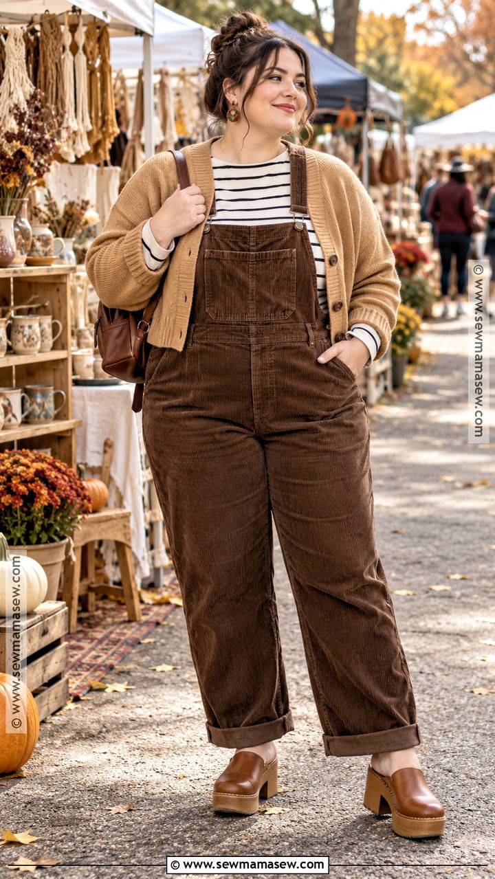 Plus Size Fall Overalls With Striped Tee And Clogs - 20 Fall Outfit Plus Size Casual Ideas